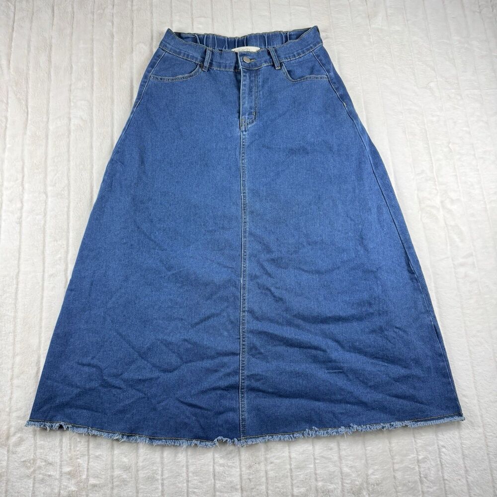 Belle Poque Denim Maxi Long Skirt Women M Medium Wash Distress Hem Elastic Waist